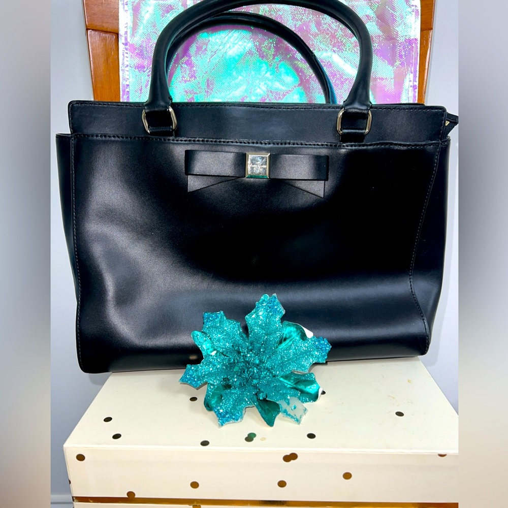 Kate Spade New York Black Purse, Large Tote Bag, with gold bow decor